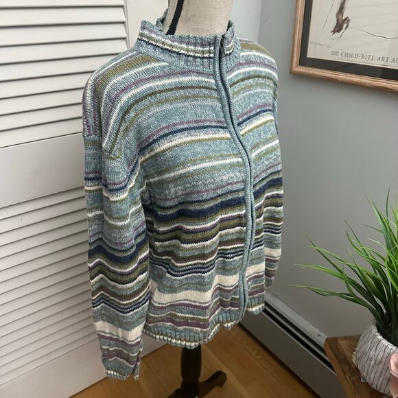 Vintage TIARA Sweater Womens Large Blue Striped Glitter Full Zip Retro 90s Ski - Picture 1 of 8